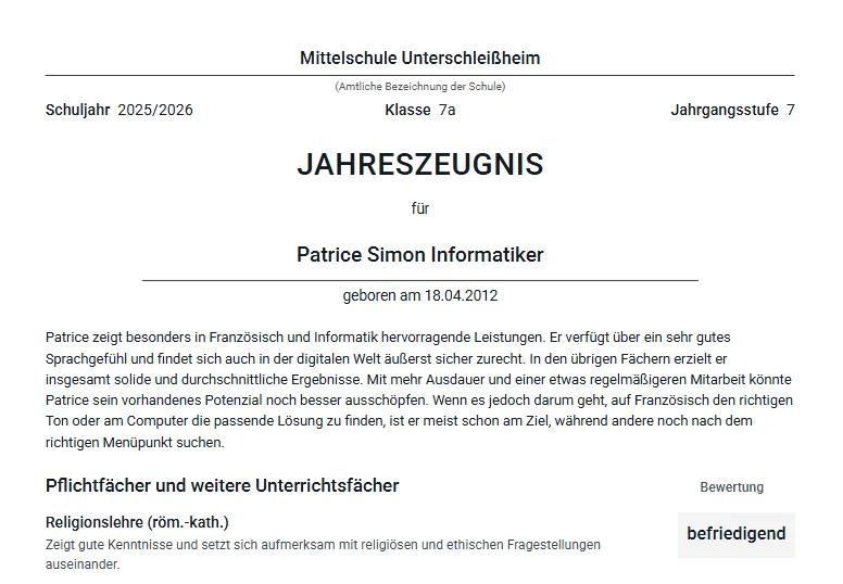 Zeugnis Editor MVP